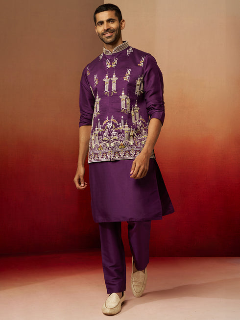 Men Purple Silk 3-Piece Nehru Jacket Set